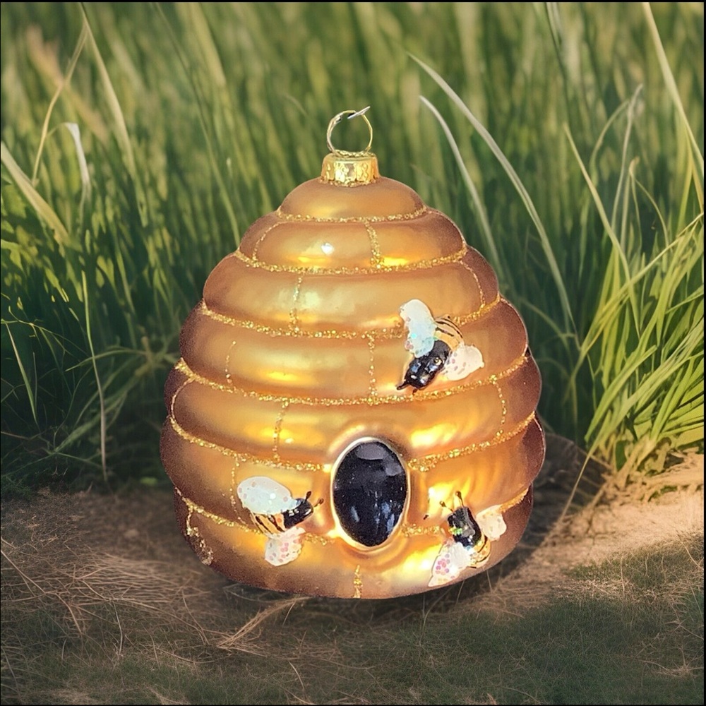 Gold Beehive Ornament with Bees